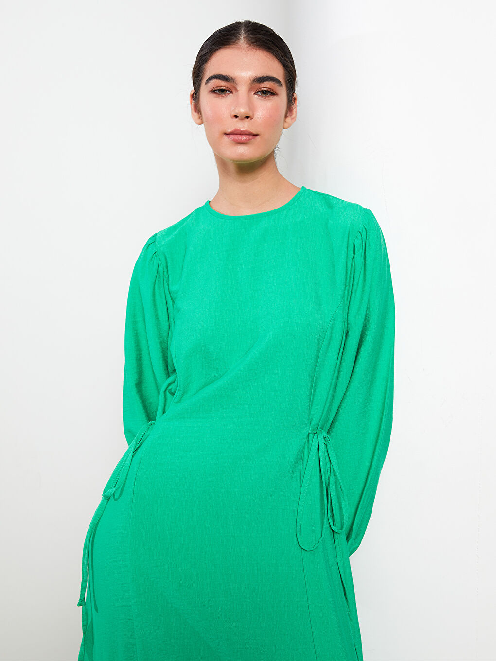 Yeşil Bisiklet Yaka Düz Uzun Kollu Kadın Elbise-2