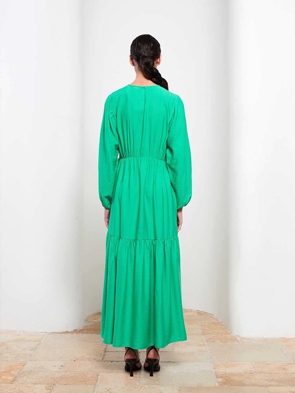 Yeşil Bisiklet Yaka Düz Uzun Kollu Kadın Elbise-4
