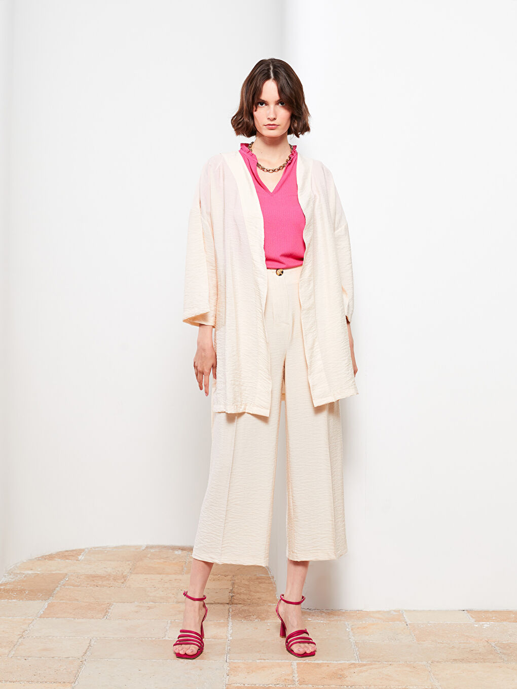 Bej Kadın Şal Yaka Düz Kimono-1