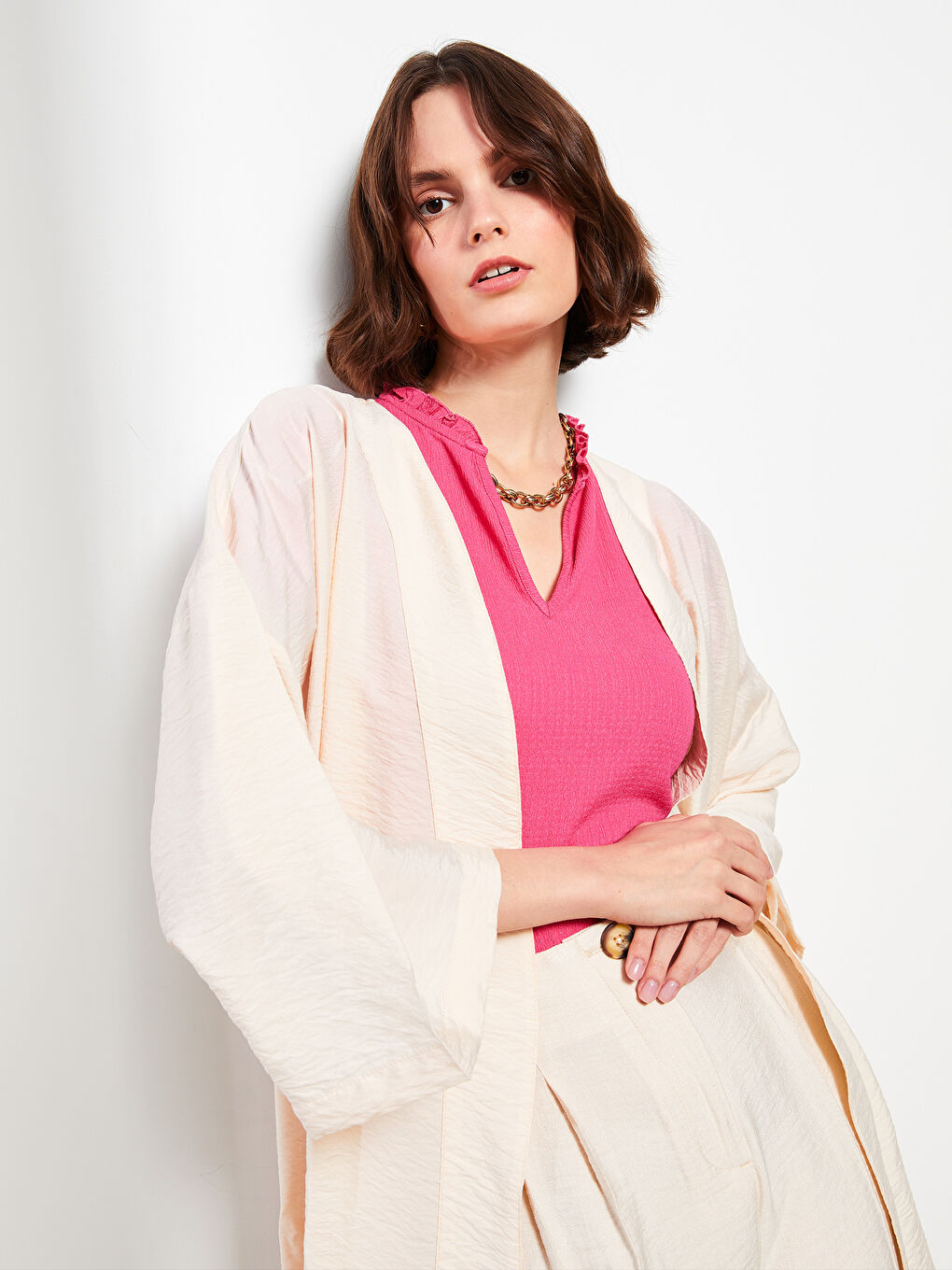 Bej Kadın Şal Yaka Düz Kimono-2