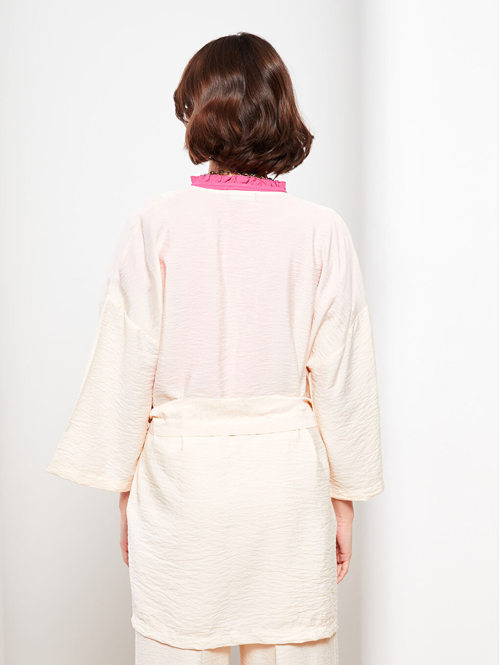 Bej Kadın Şal Yaka Düz Kimono-4