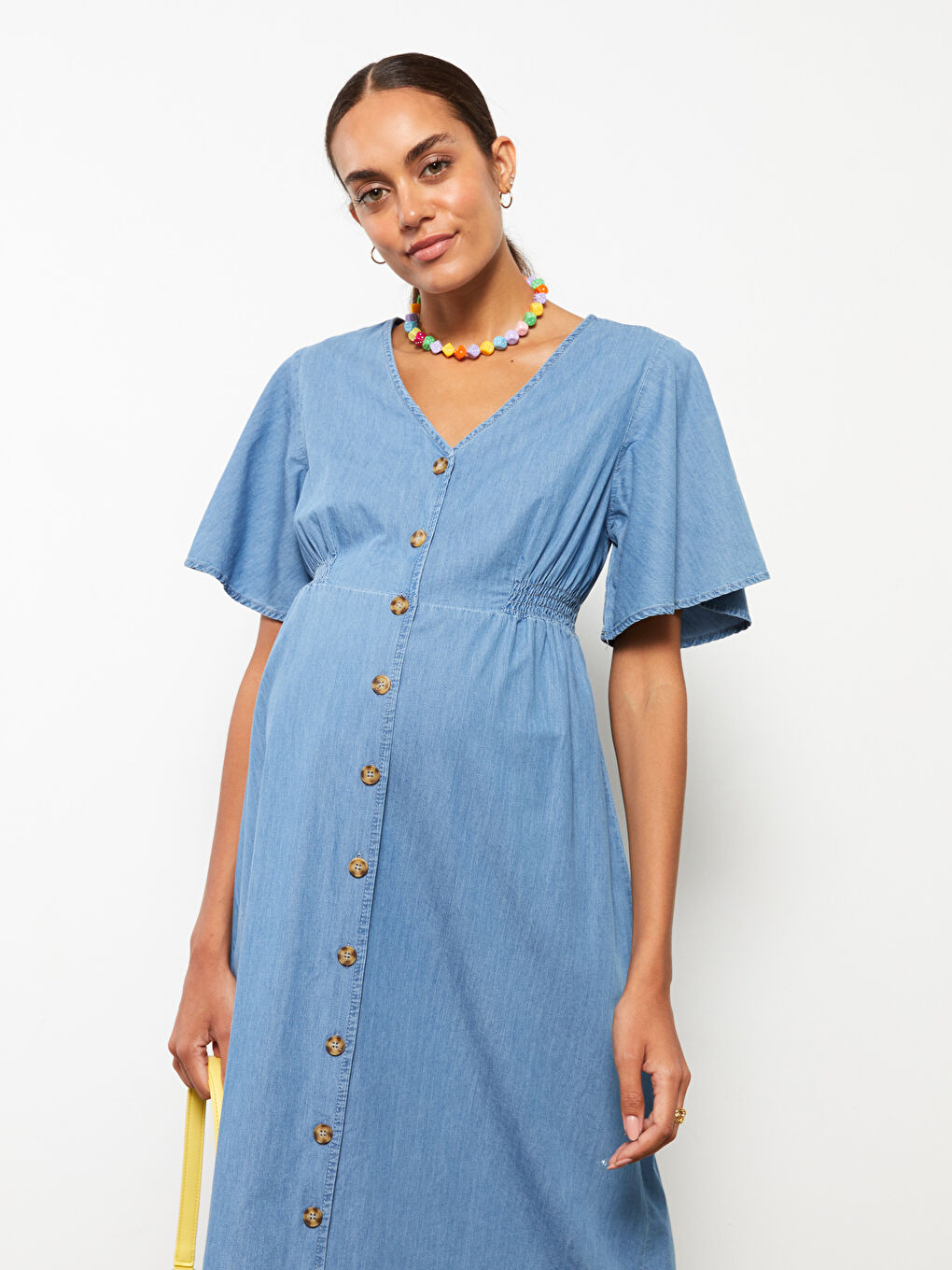 LCWAIKIKI Maternity V-Neck Straight Short Sleeve Maternity Rodeo Jean Dress -S2LL33Z8-507