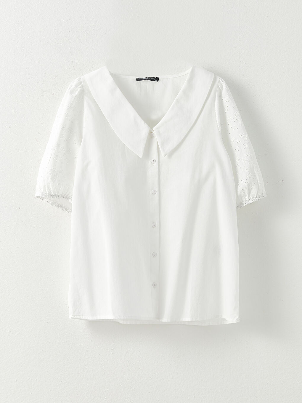 Ekru Bebe Yaka Kendinden Desenli Kısa Kollu Brode Kadın Bluz-5