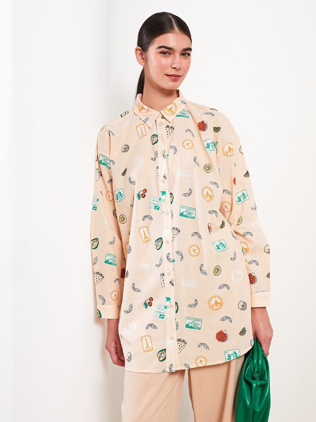 Bej Desenli Kadın Gömlek Tunik