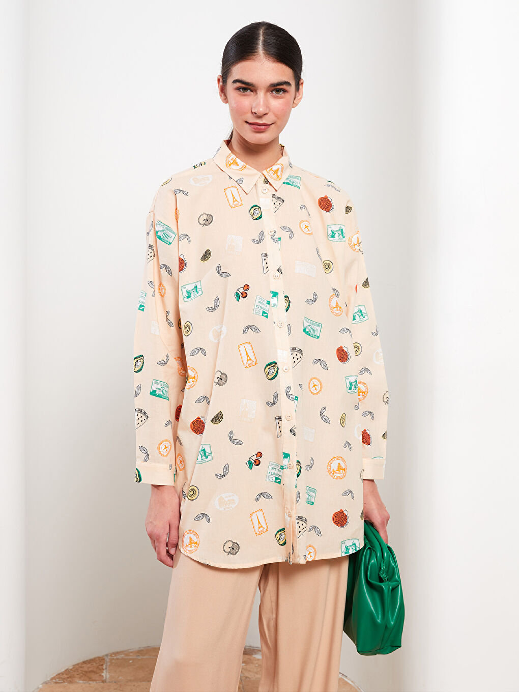 Bej Desenli Kadın Gömlek Tunik-1