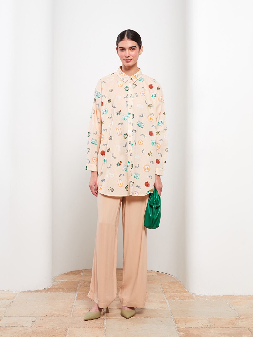 Bej Desenli Kadın Gömlek Tunik-2