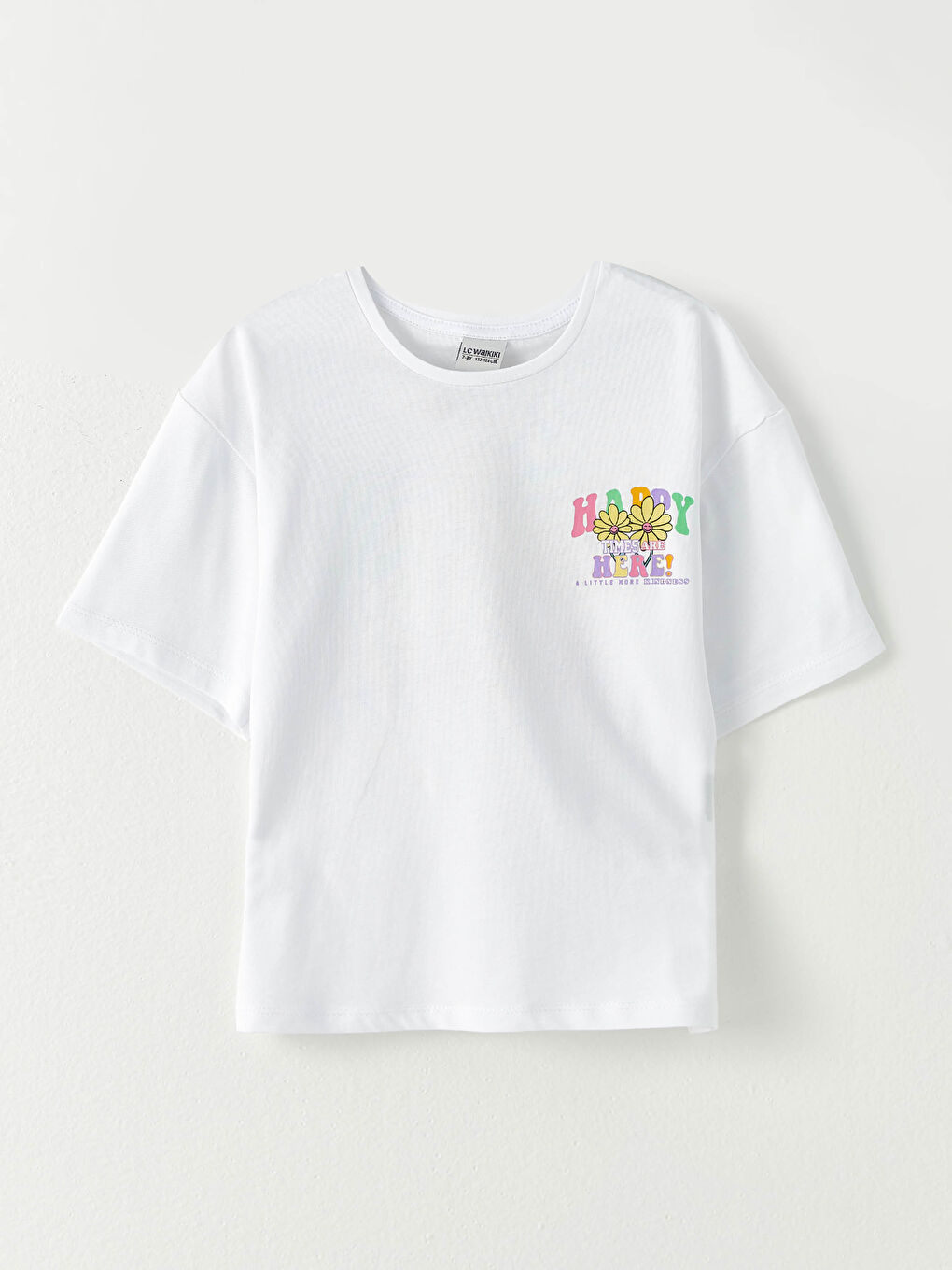 Beyaz Bisiklet Yaka Baskılı Kısa Kollu Kız Çocuk Tişört-3