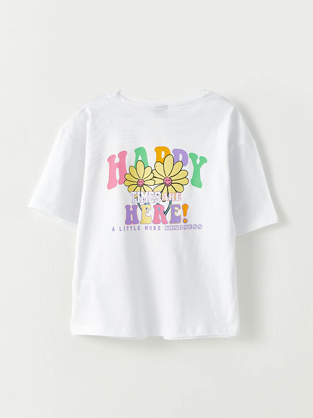 Beyaz Bisiklet Yaka Baskılı Kısa Kollu Kız Çocuk Tişört-4