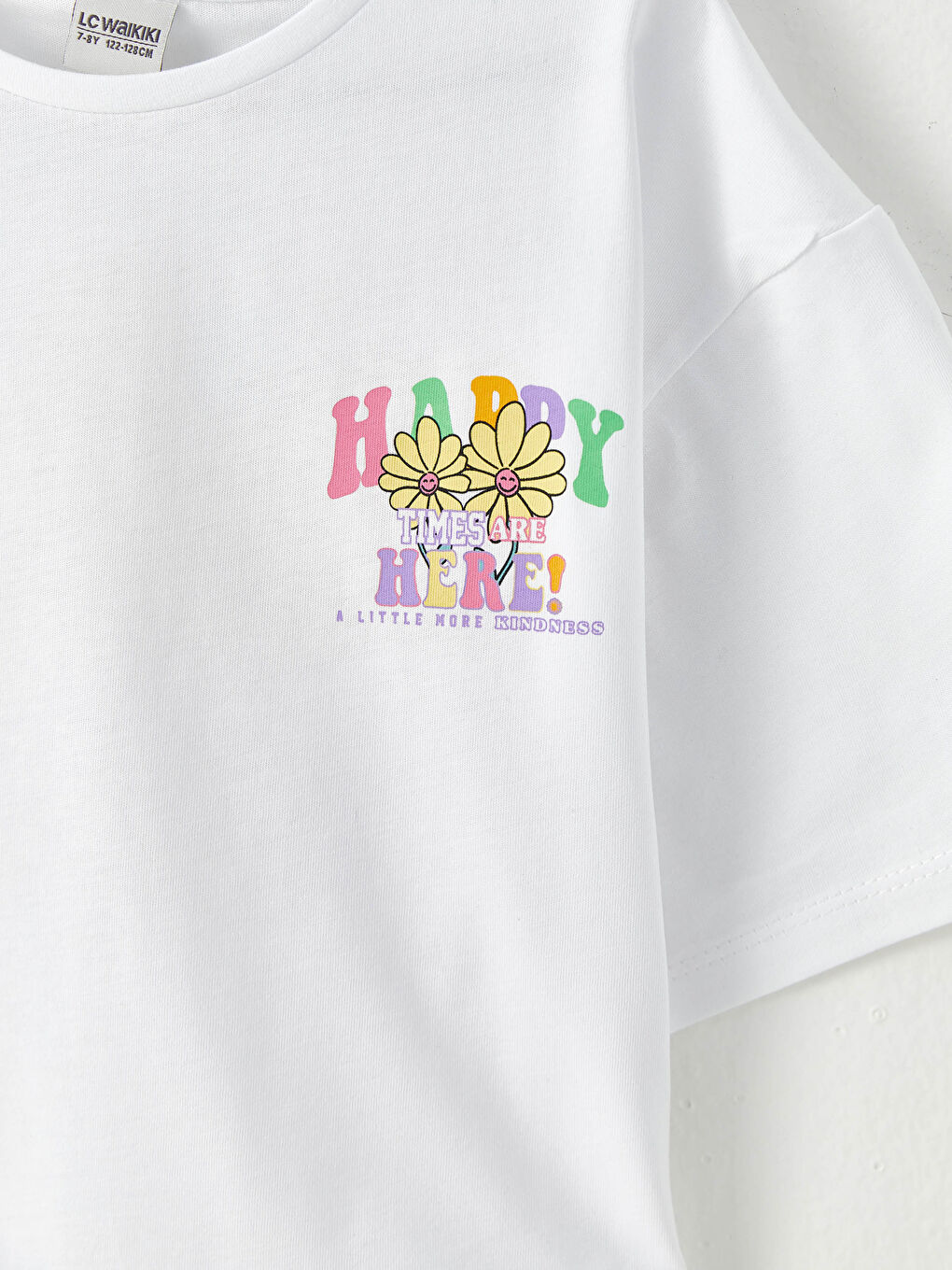 Beyaz Bisiklet Yaka Baskılı Kısa Kollu Kız Çocuk Tişört-5