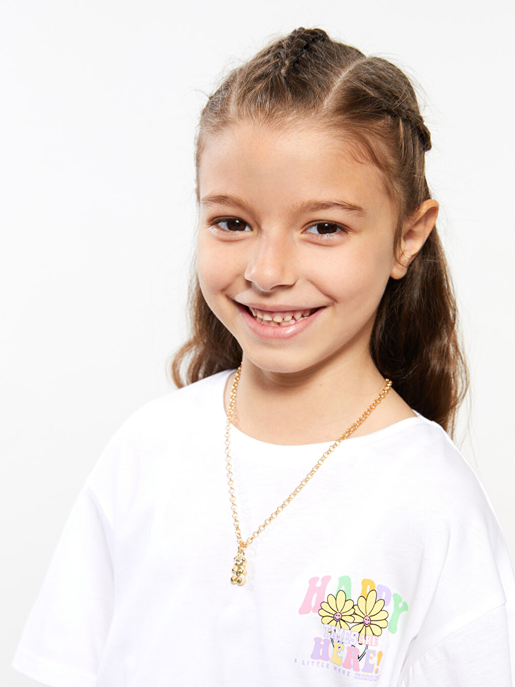 Beyaz Bisiklet Yaka Baskılı Kısa Kollu Kız Çocuk Tişört-2