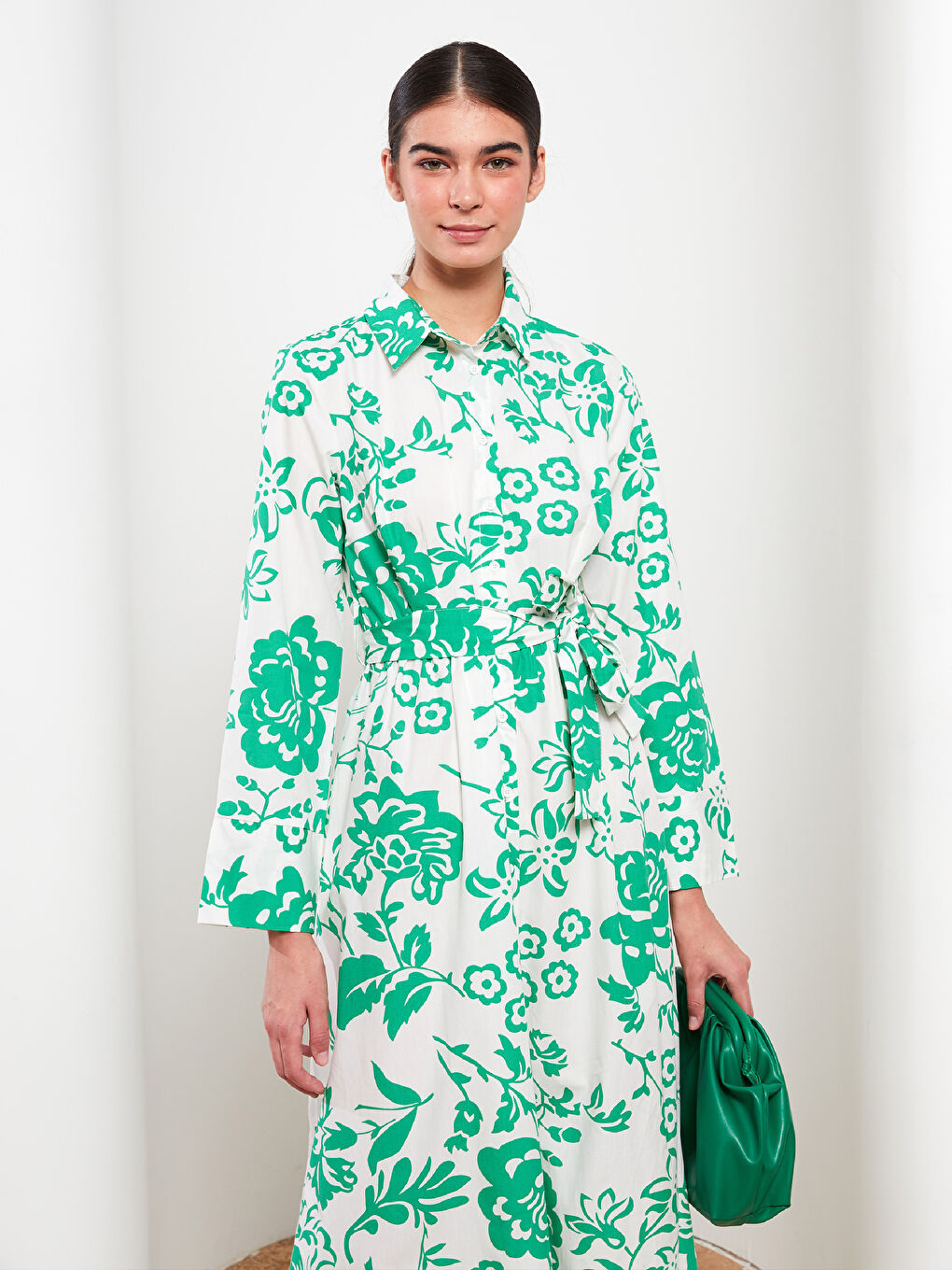 Ekru Desenli Uzun Kollu Poplin Kadın Gömlek Elbise-1