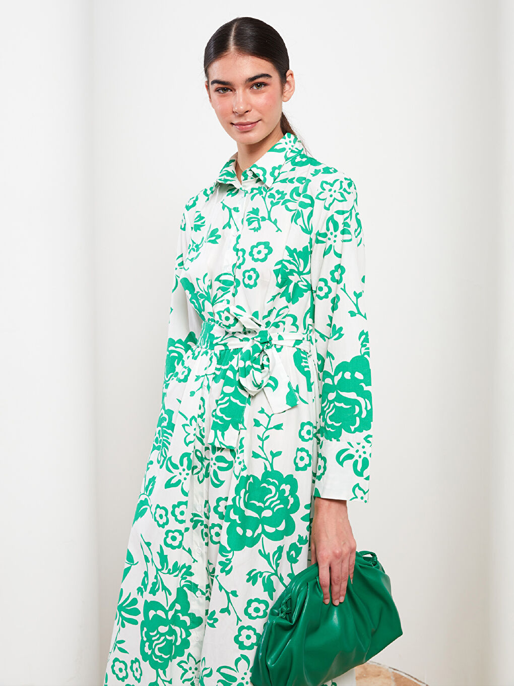 Ekru Desenli Uzun Kollu Poplin Kadın Gömlek Elbise-2