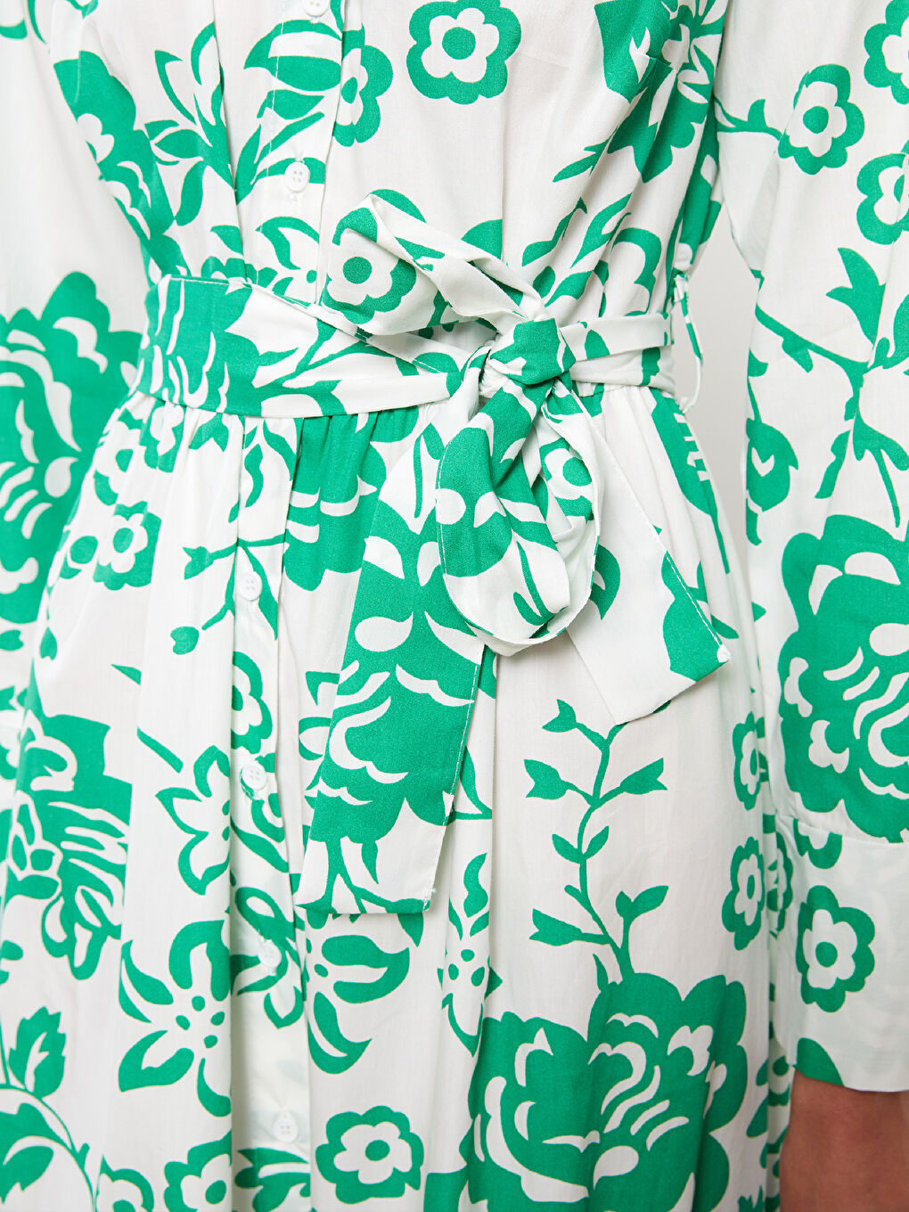 Ekru Desenli Uzun Kollu Poplin Kadın Gömlek Elbise-3