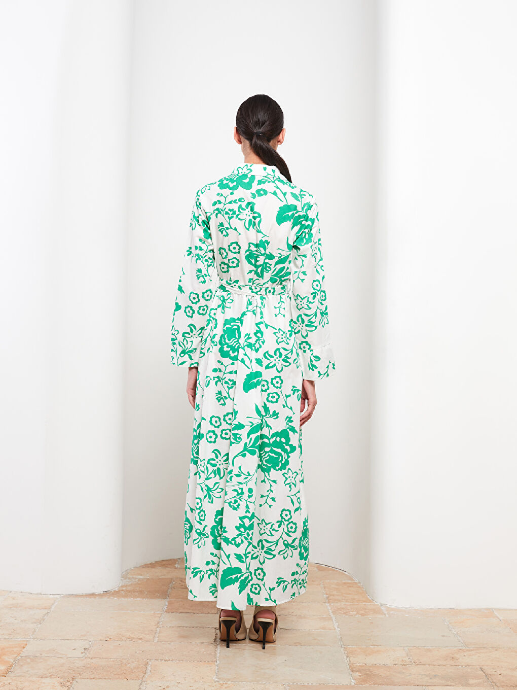 Ekru Desenli Uzun Kollu Poplin Kadın Gömlek Elbise-4