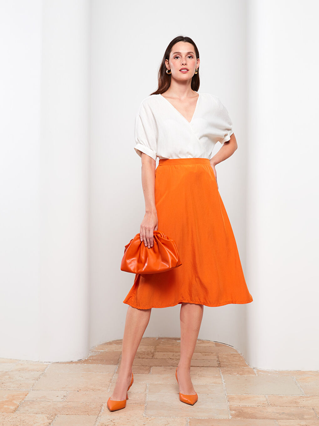 Turuncu Beli Lastikli Düz A Kesim Kadın Etek