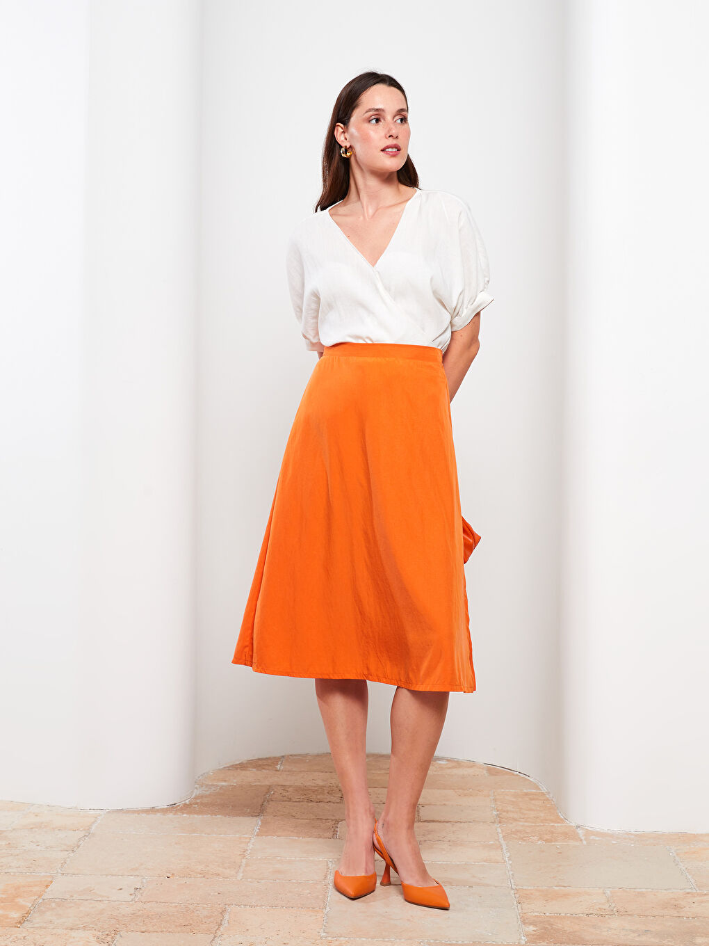 Turuncu Beli Lastikli Düz A Kesim Kadın Etek-1