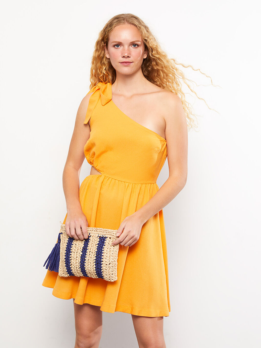 Turuncu Düz Tek Omuz Kadın Elbise