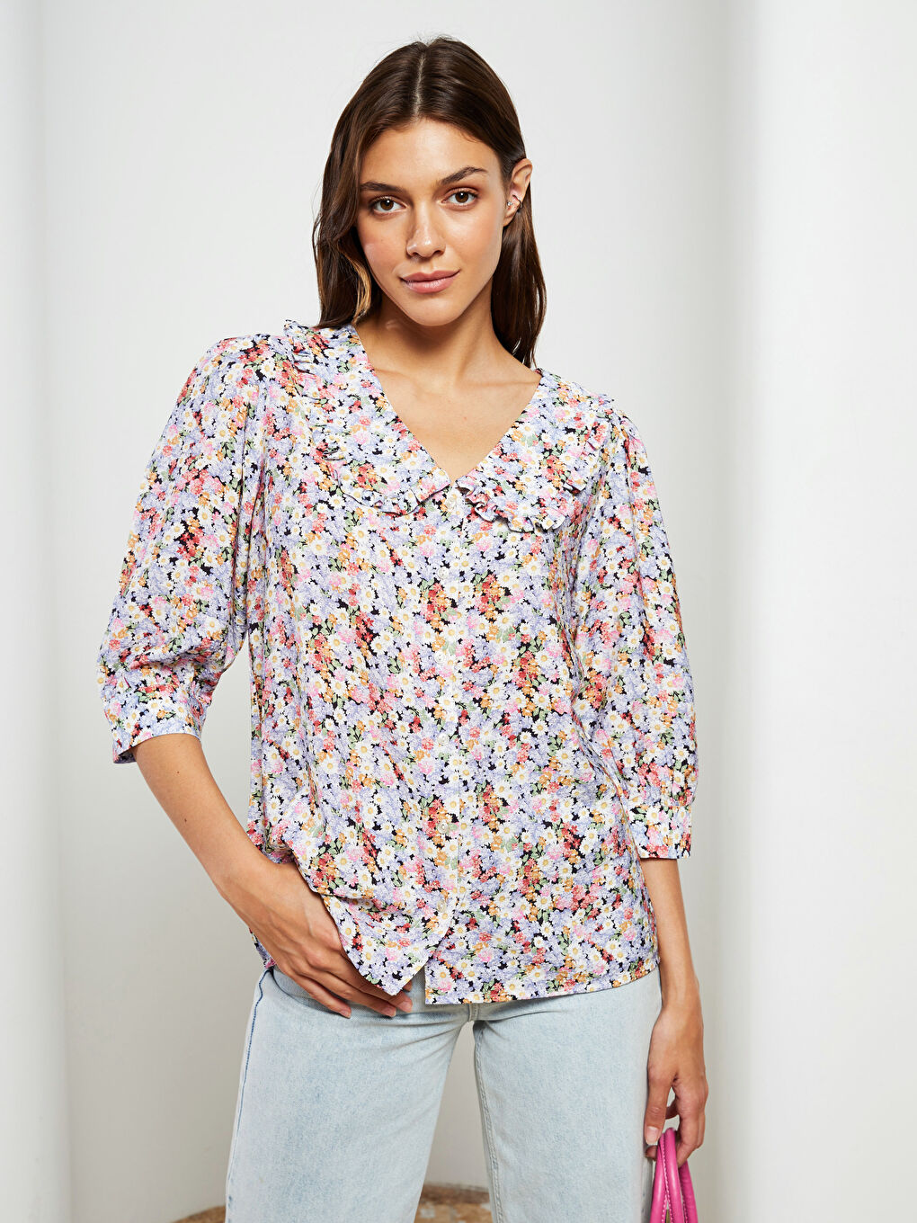 Baby Collar Floral Viscose Women's Blouse