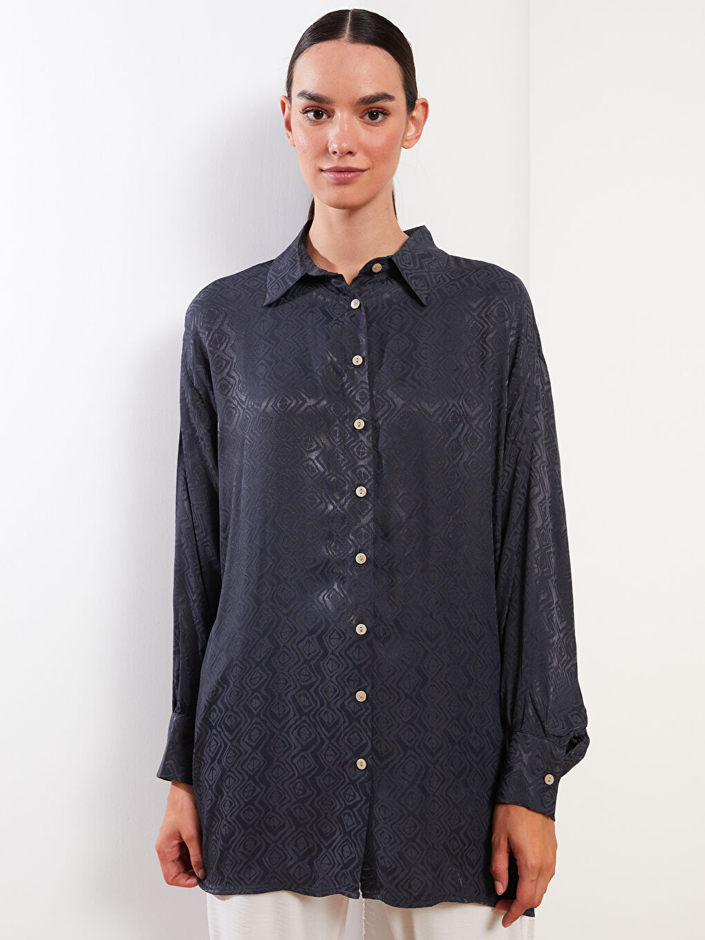 Antrasit Düz Uzun Kollu Viskon Kadın Gömlek Tunik