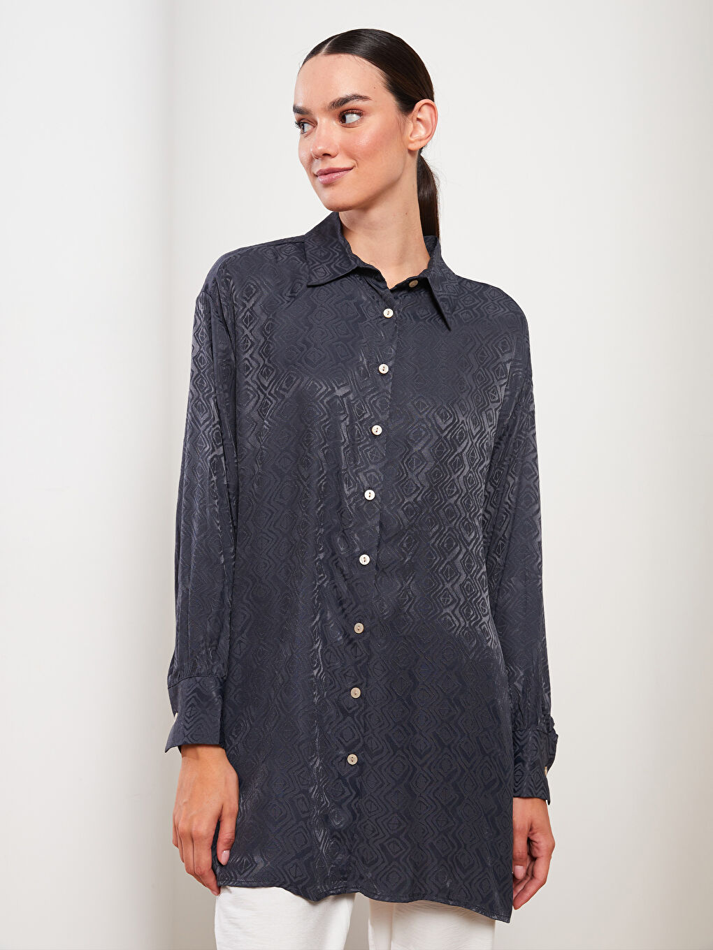 Antrasit Düz Uzun Kollu Viskon Kadın Gömlek Tunik-1