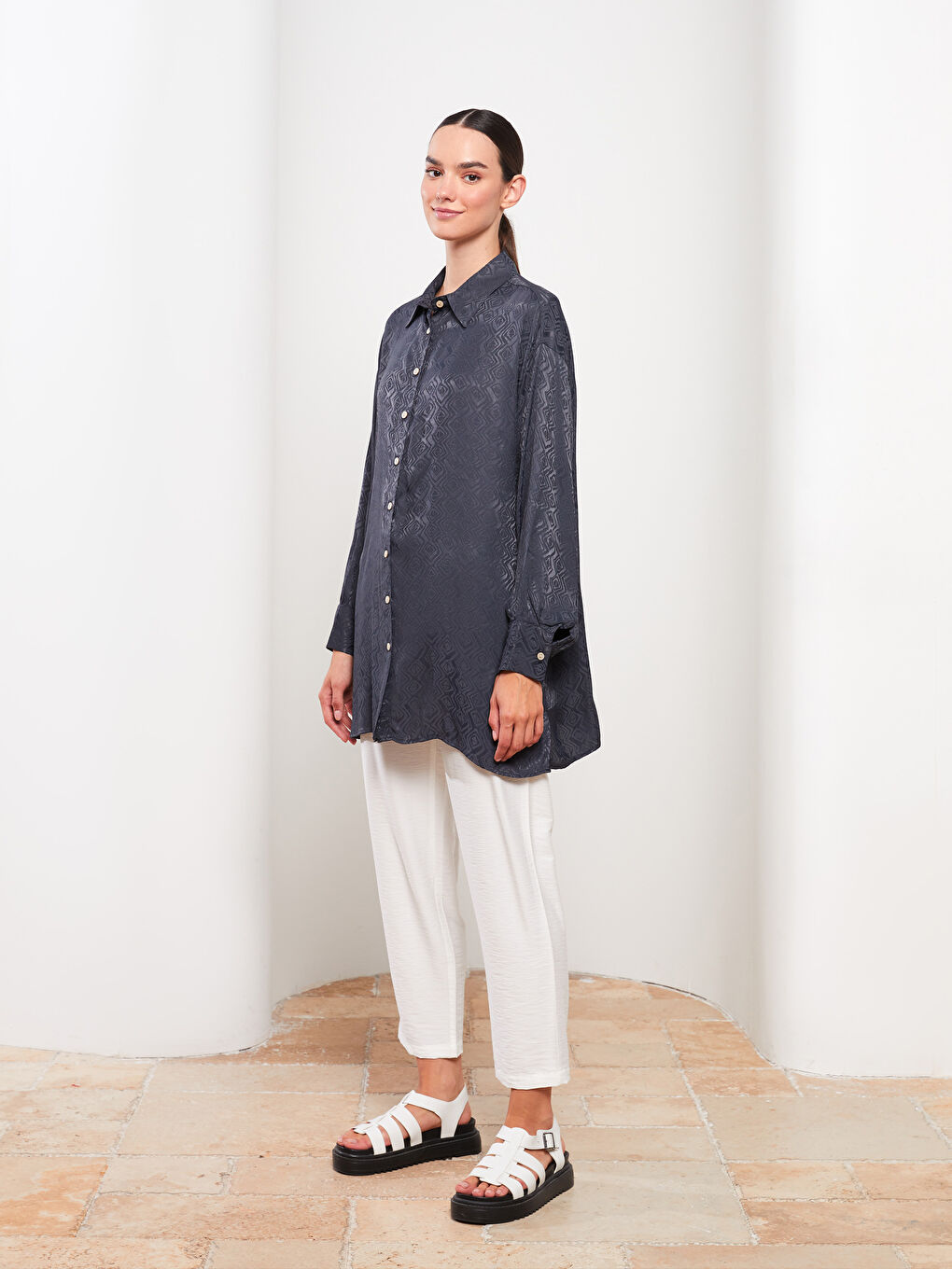 Antrasit Düz Uzun Kollu Viskon Kadın Gömlek Tunik-2