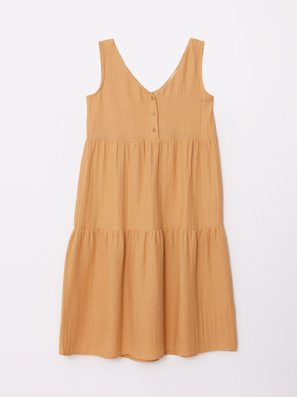 Bej Kadın V Yaka Düz Kolsuz Elbise-5