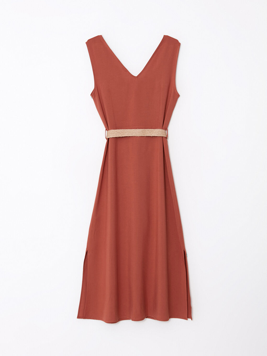 Kahverengi Kadın V Yaka Düz Kolsuz Elbise-10