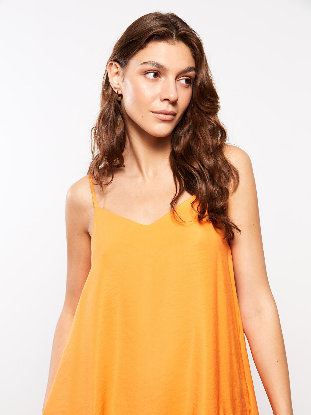 Turuncu V Yaka Düz Askılı Kadın Elbise-2