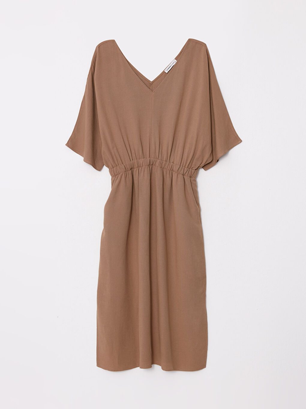 Bej V Yaka Düz Poplin Elbise-6