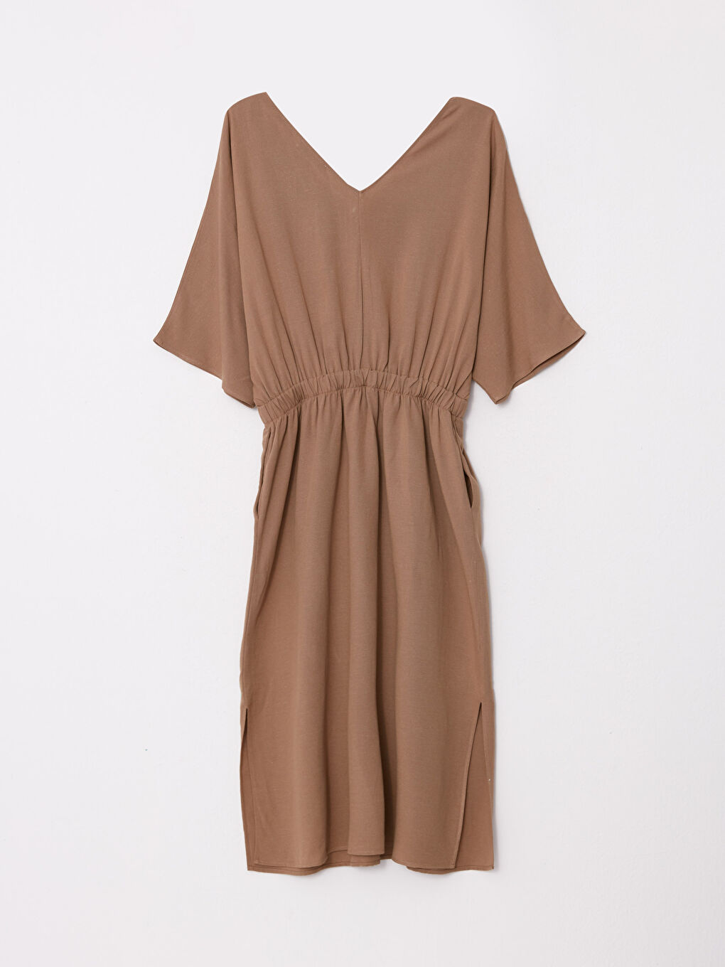 Bej V Yaka Düz Poplin Elbise-7