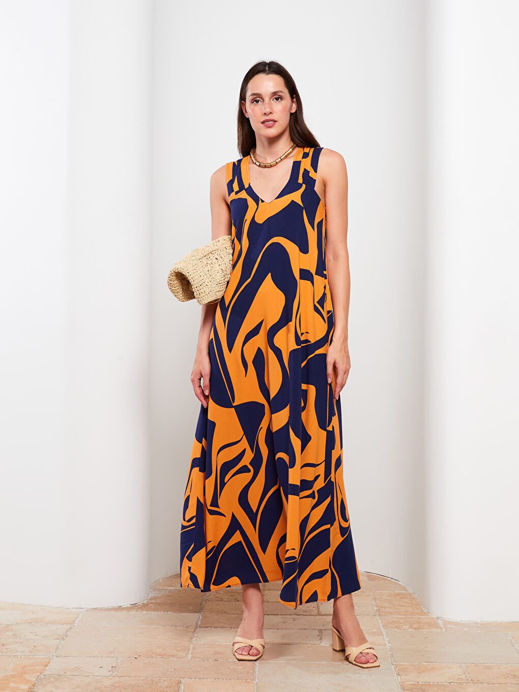 V Neck Patterned Sleeveless Viscose Women Dress