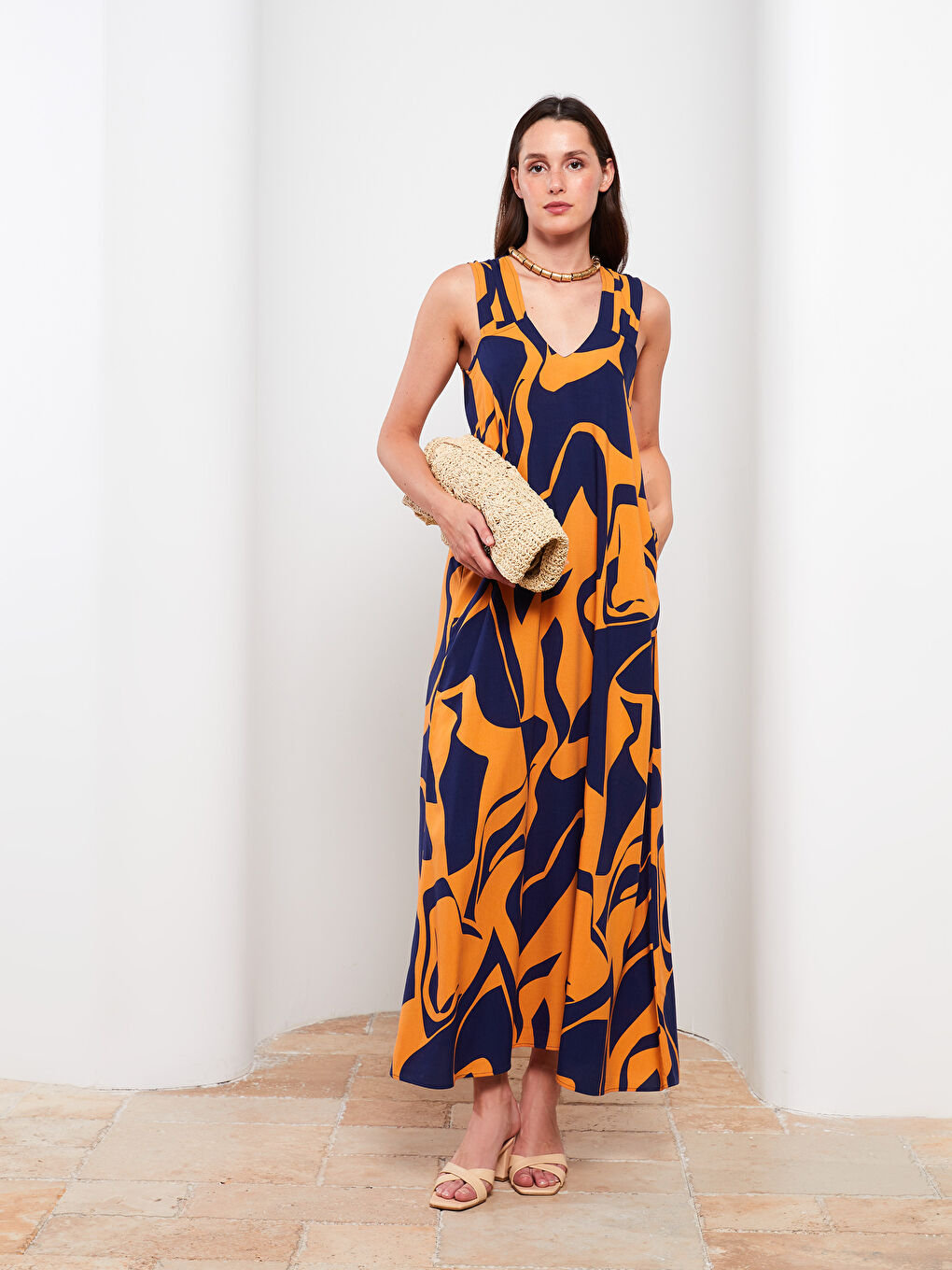 V Neck Patterned Sleeveless Viscose Women Dress-1