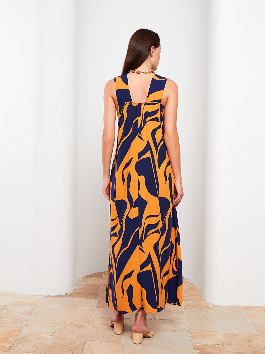 V Neck Patterned Sleeveless Viscose Women Dress-4