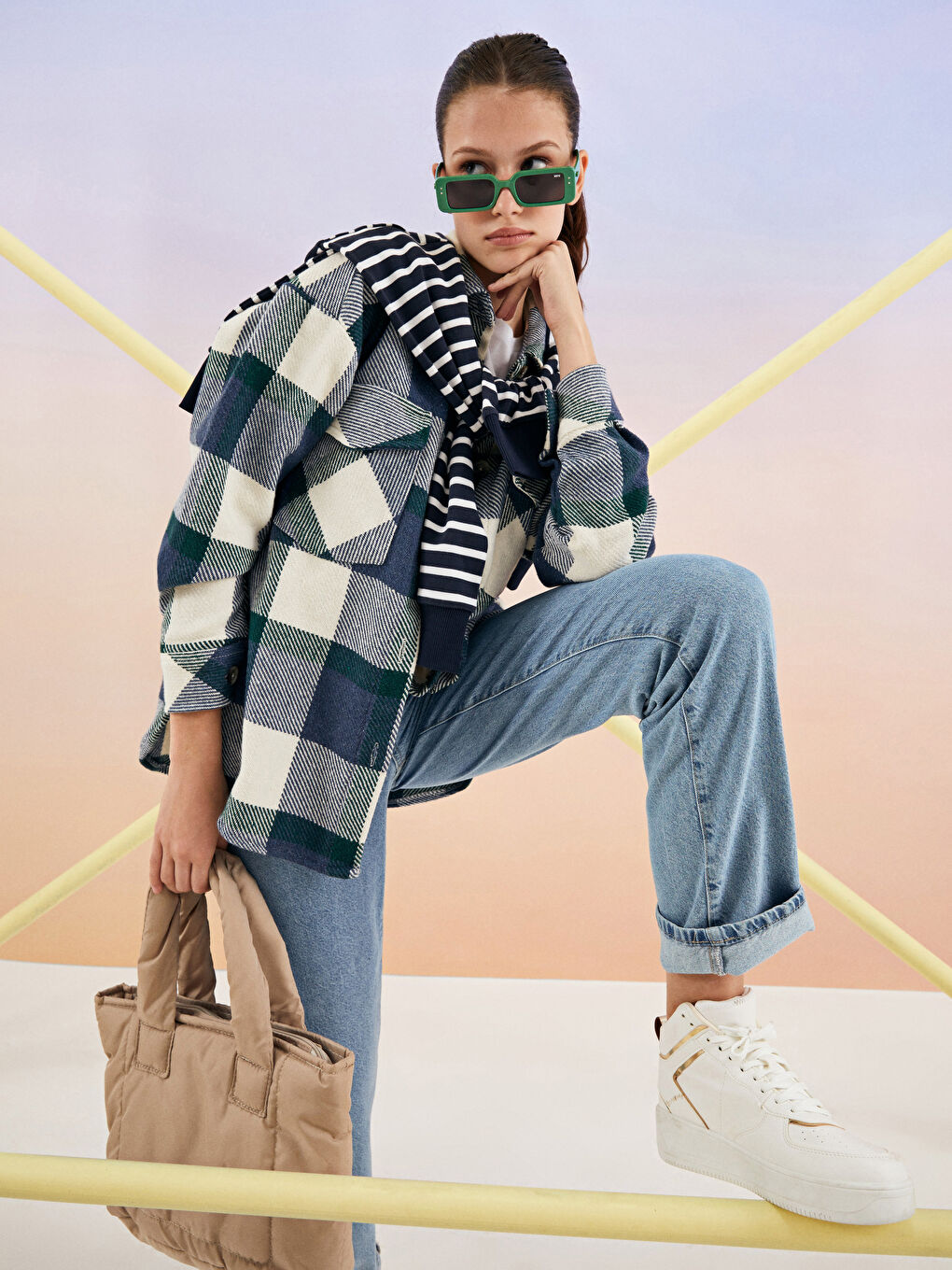 Lacivert Ekose Uzun Kollu Kadın Gömlek Ceket-1