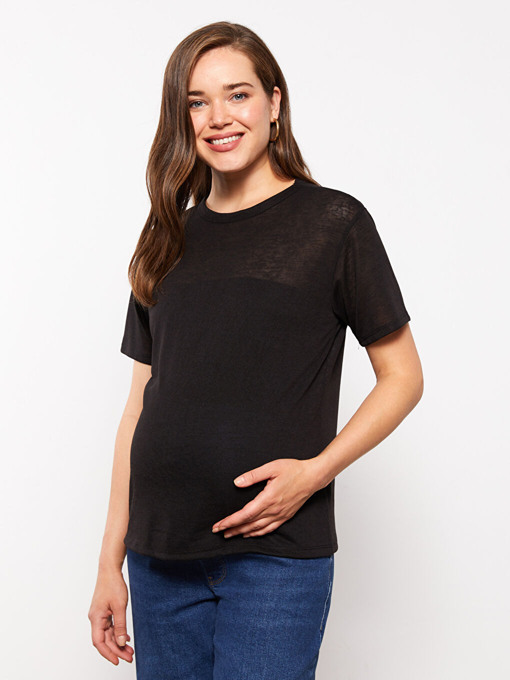 Siyah Bisiklet Yaka Düz Kısa Kollu Hamile Tişört