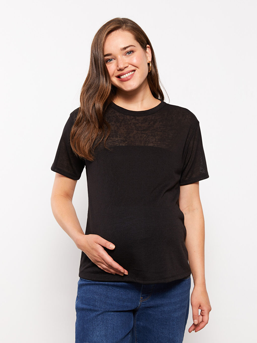 Siyah Bisiklet Yaka Düz Kısa Kollu Hamile Tişört-1
