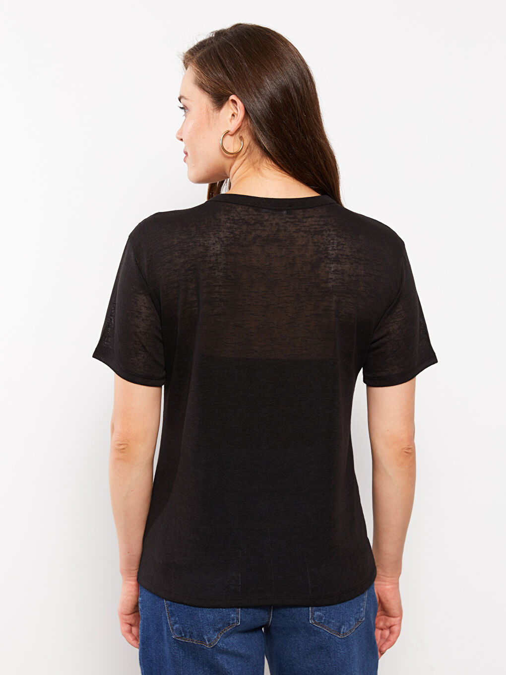 Siyah Bisiklet Yaka Düz Kısa Kollu Hamile Tişört-4