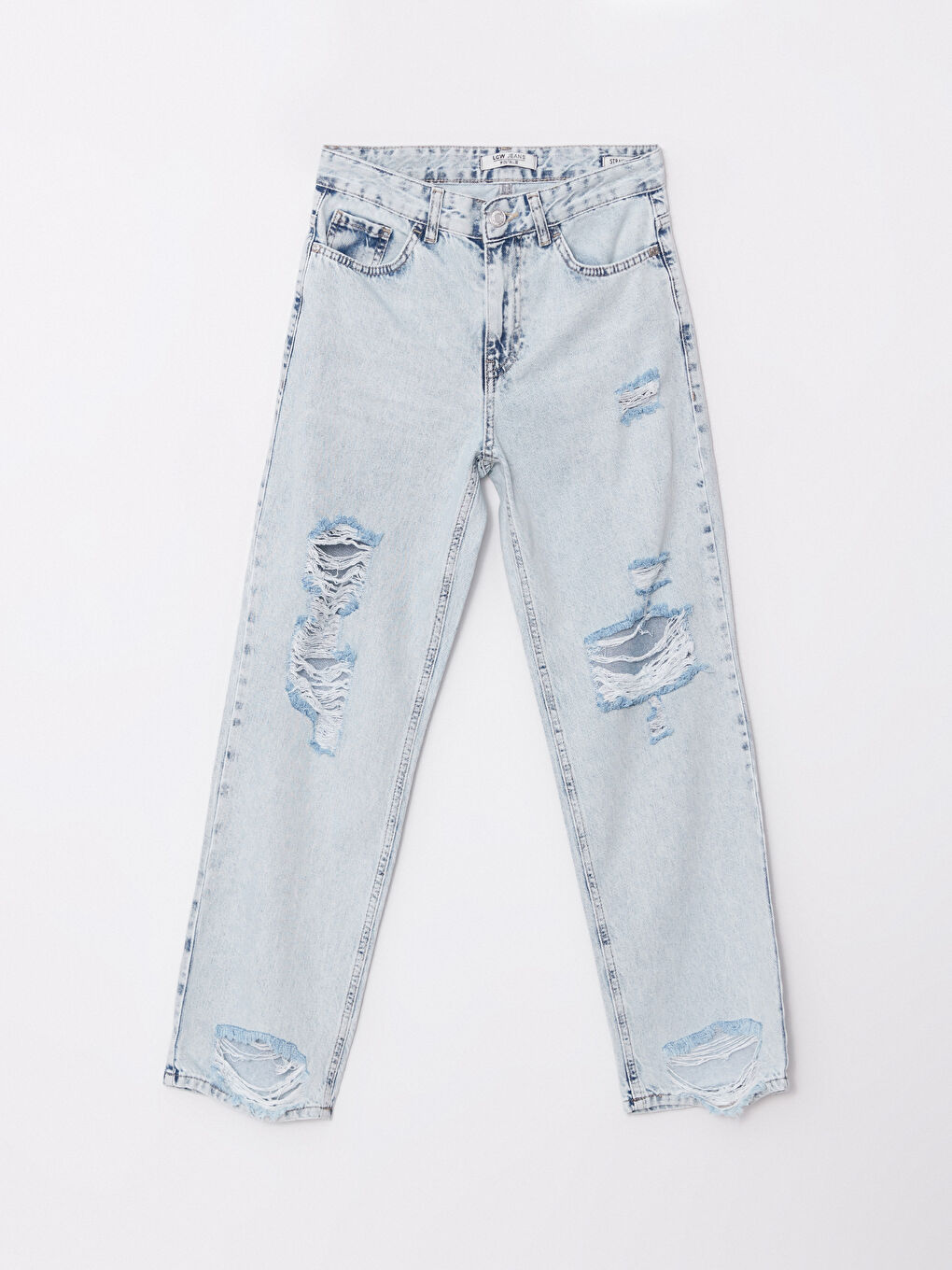 İndigo Yüksek Bel Straight Fit Yırtık Detaylı Kadın Jean Pantolon-5