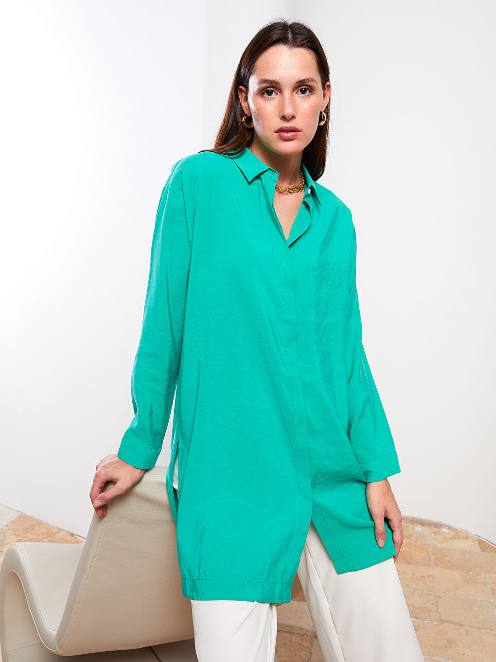 Yeşil Düz Uzun Kollu Kadın Gömlek Tunik