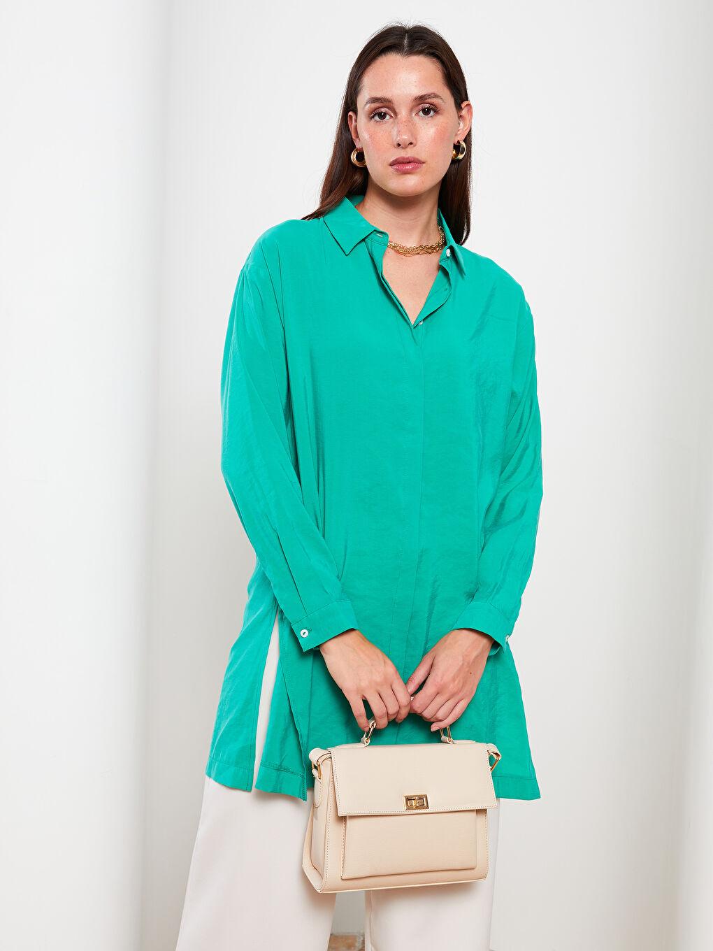 Yeşil Düz Uzun Kollu Kadın Gömlek Tunik-1