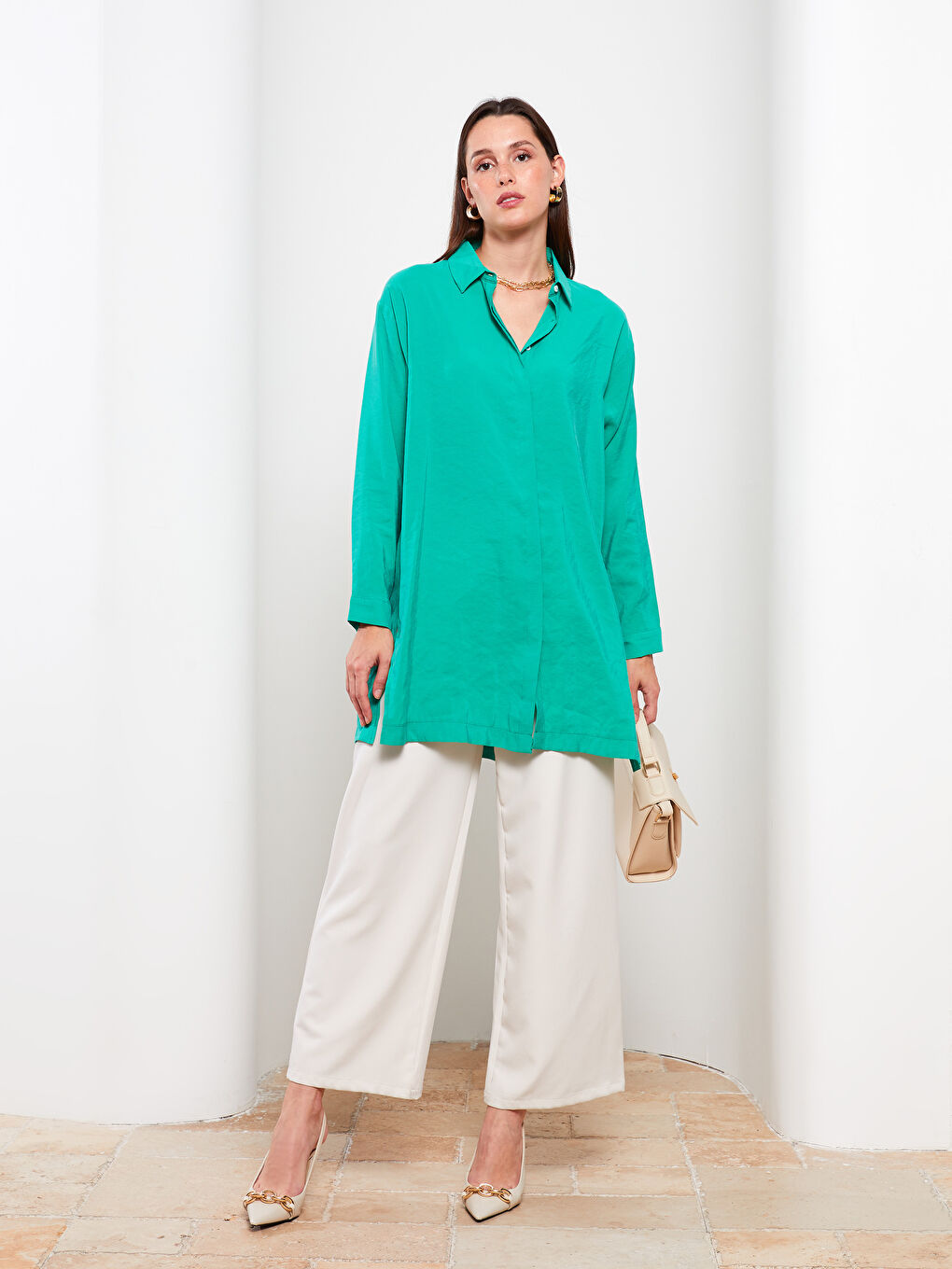 Yeşil Düz Uzun Kollu Kadın Gömlek Tunik-2