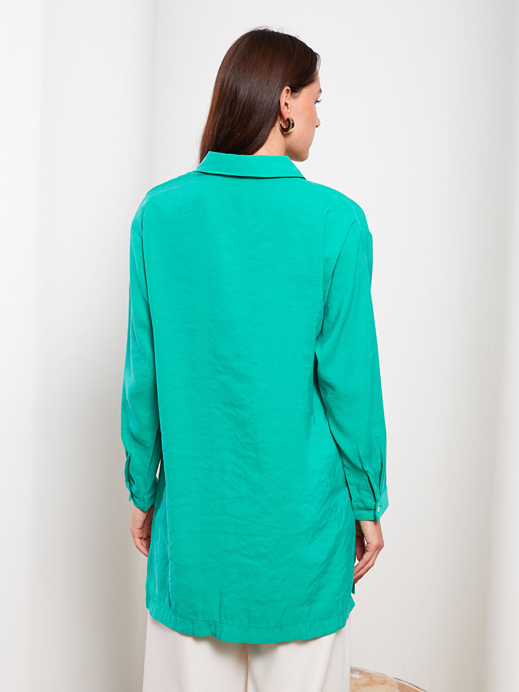 Yeşil Düz Uzun Kollu Kadın Gömlek Tunik-4