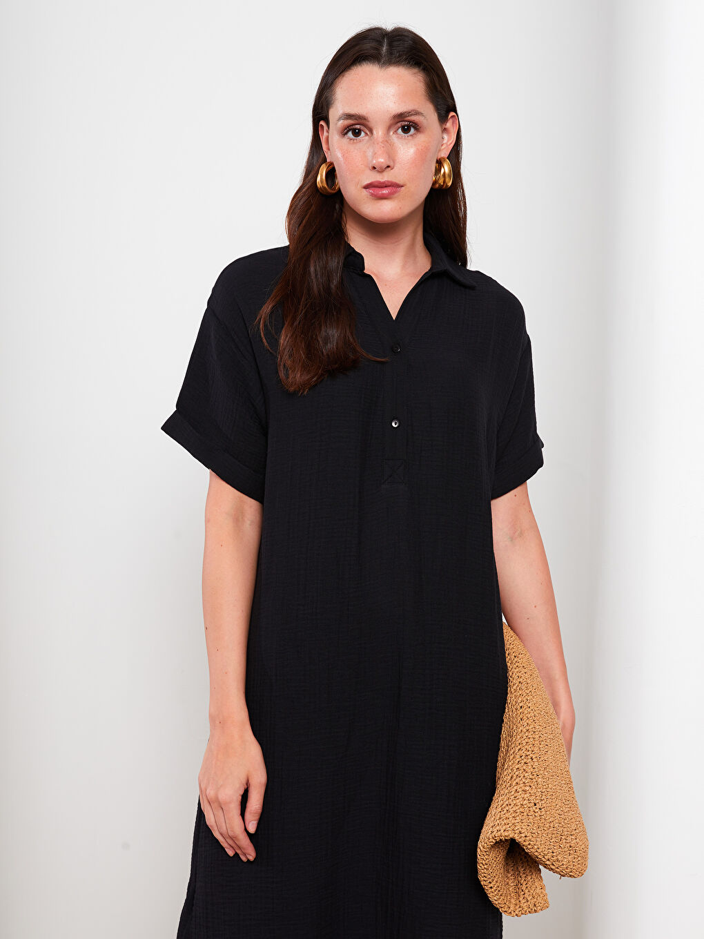 Collared Neck Plain Short Sleeve Women's Dress-1
