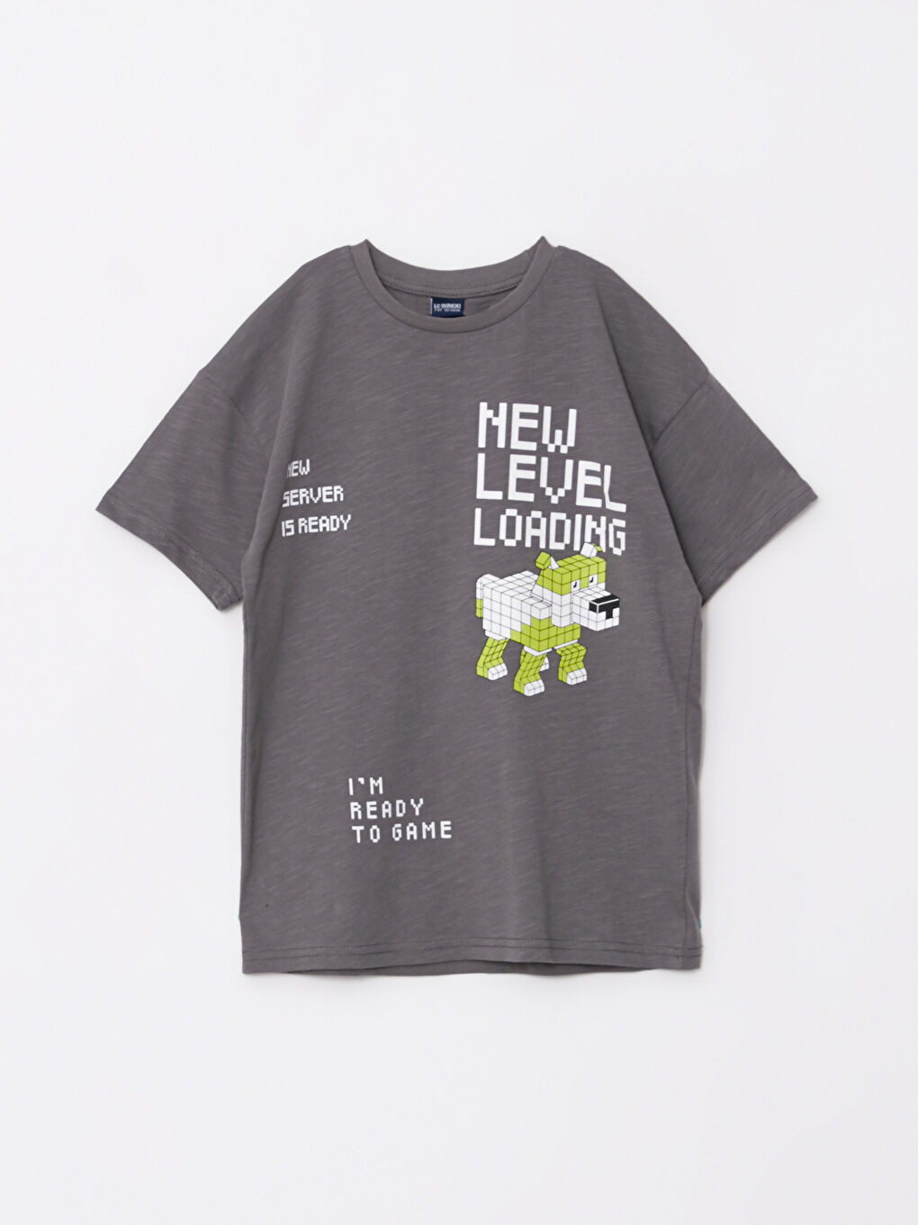 Gri Bisiklet Yaka Baskılı Kısa Kollu Pamuklu Erkek Çocuk Tişört