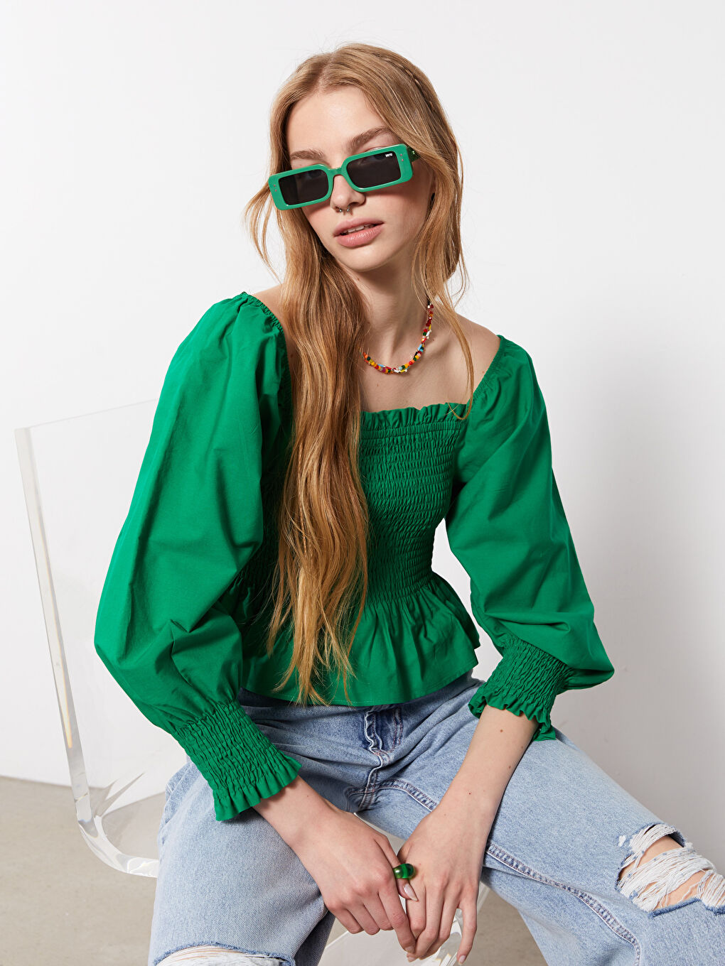 بلوزة كم طويل بوبلين ياقة مربعة للسيدات