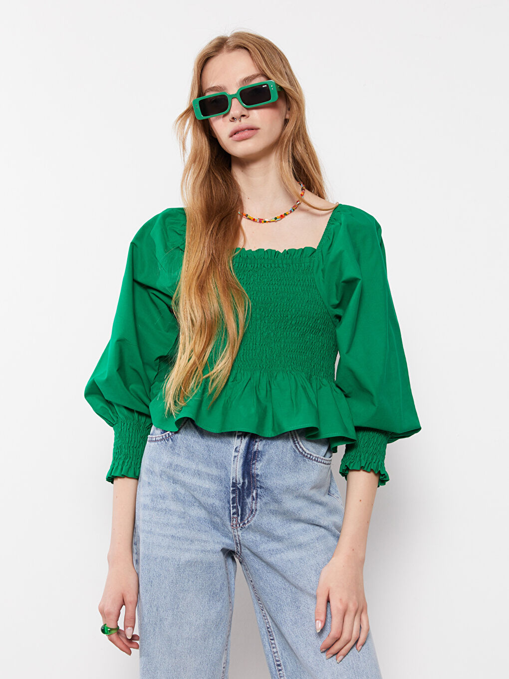 بلوزة كم طويل بوبلين ياقة مربعة للسيدات-1