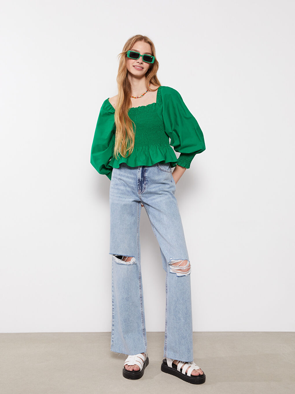 بلوزة كم طويل بوبلين ياقة مربعة للسيدات-2