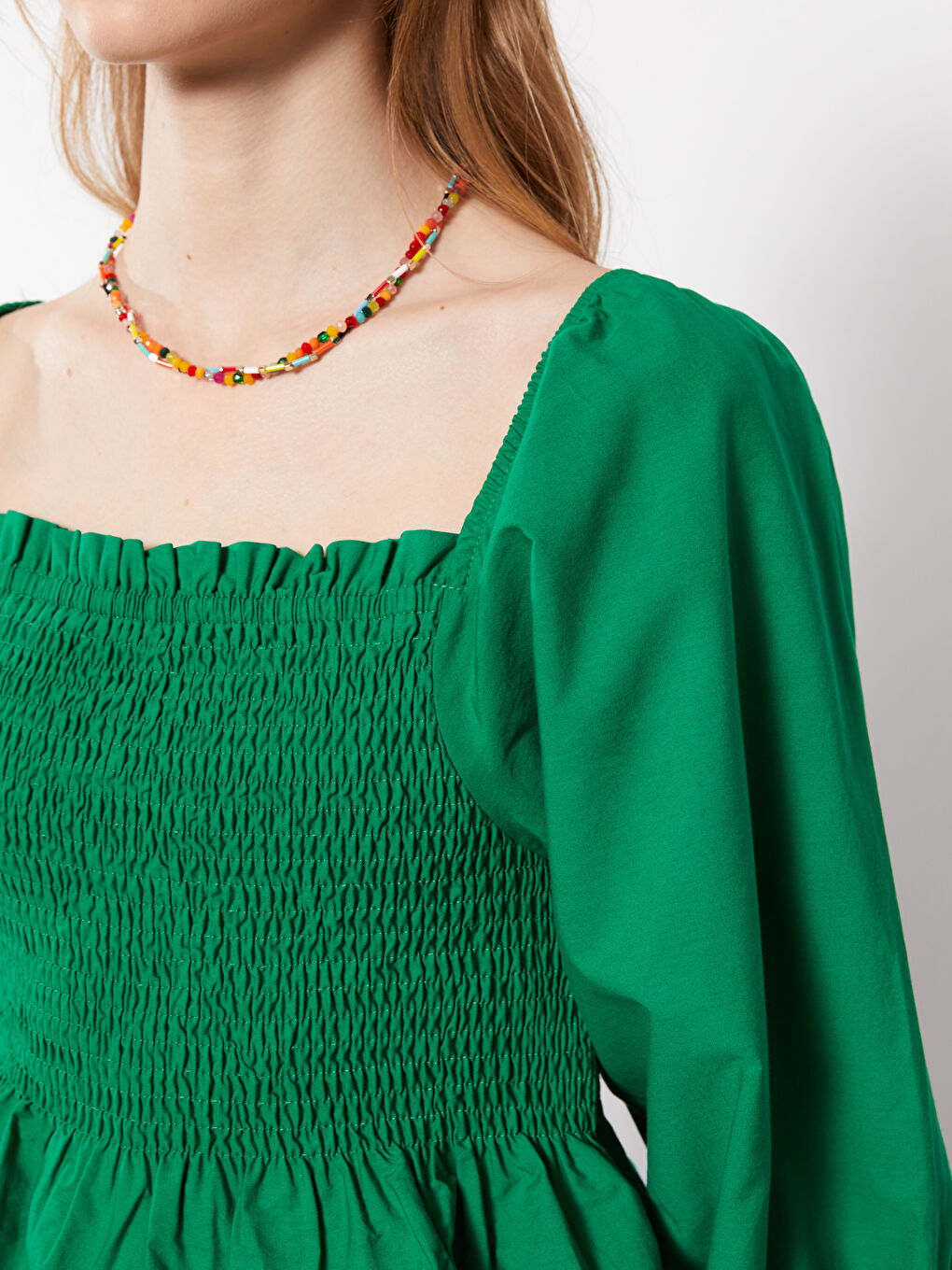 بلوزة كم طويل بوبلين ياقة مربعة للسيدات-3