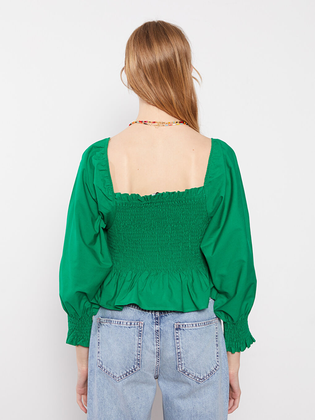 بلوزة كم طويل بوبلين ياقة مربعة للسيدات-4