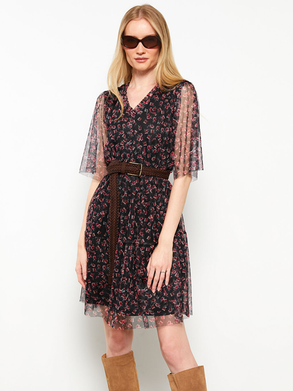 Siyah V Yaka Çiçekli Şifon Kadın Elbise-2